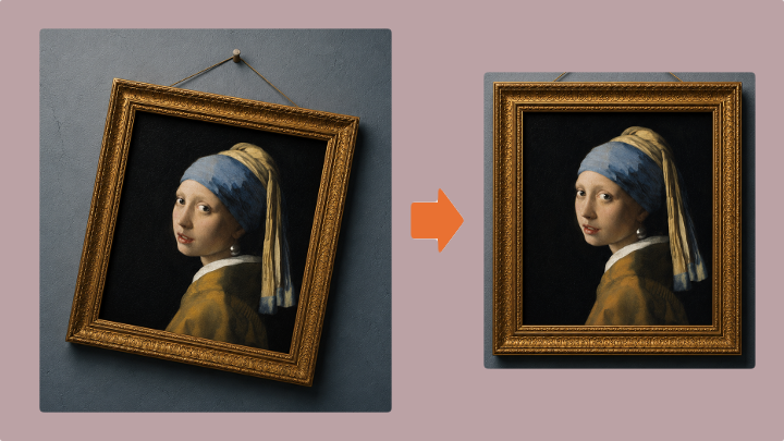 Before and after: a crooked photo of a framed painting becomes perfectly rectangular