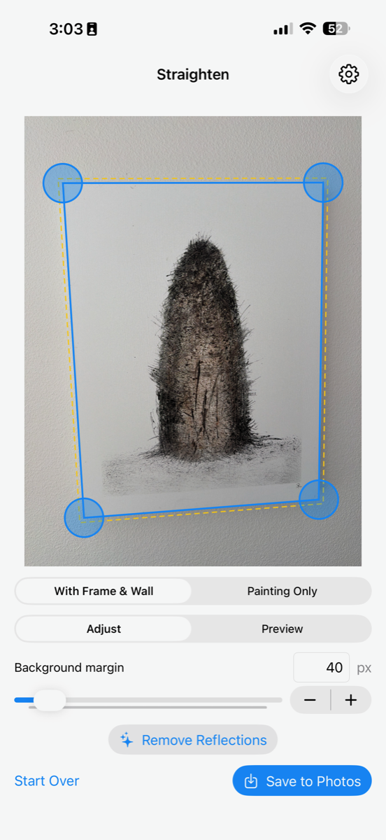 Straighten screen showing automatically detected corners on the freshly captured photo