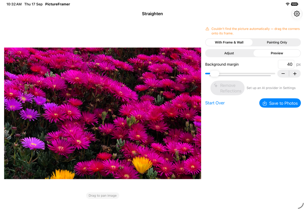 iPad in landscape: the straightened preview fills the height with the controls beside it