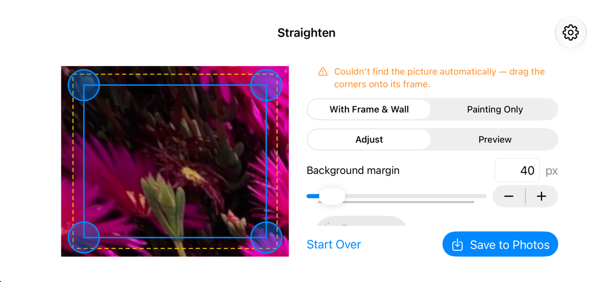 iPhone in landscape: the editor shows the photo on the left with the controls in a column on the right