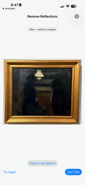 The same painting with the reflection removed, shown in the before/after compare view