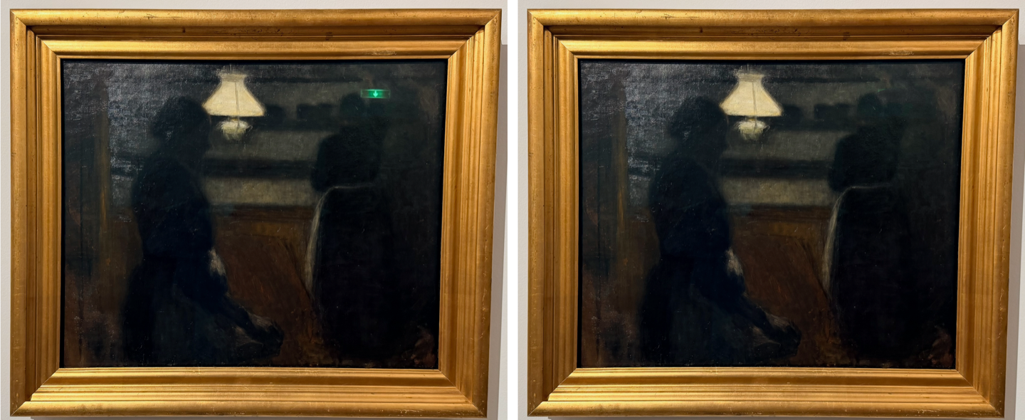 Before and after: a cyan skylight reflection on a glazed painting disappears, revealing the artwork beneath