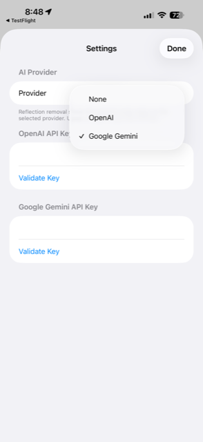 Settings screen with AI provider picker and API key fields